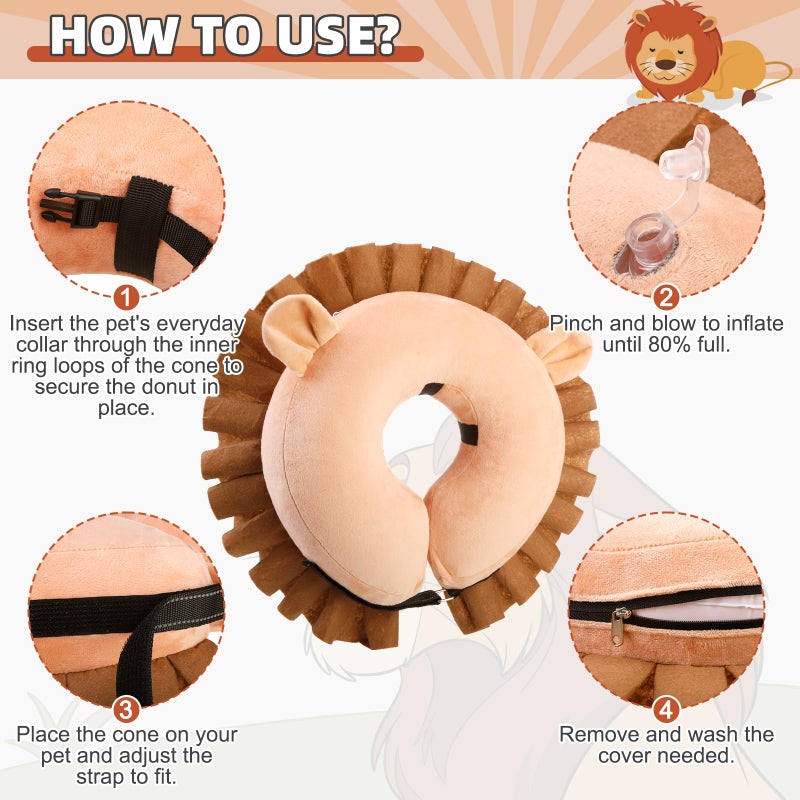 KOOLTAIL Inflatable Dog Cone Collar, Soft Donut E Collar for Dogs After Surgery to Stop Licking Enhanced Alternative, Blow Up Pet Neck Pillow Recovery Adjustable Cone for Dog Cat, Lion M - Image 3
