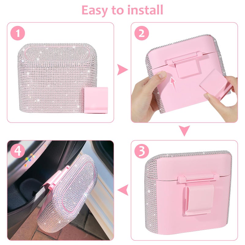 Accmor Bling Car Trash Can with Lid, Leakproof Mini Vehicle Trash Bin Automotive Dustbin Organizer Storage, Sparkling Crystal Rhinestone Trash Bag Container with 30pcs Garbage Bags Car Accessories - Image 4