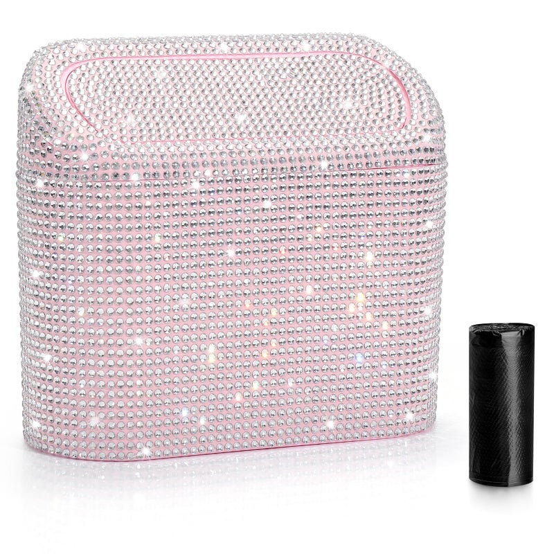 Accmor Bling Car Trash Can with Lid, Leakproof Mini Vehicle Trash Bin Automotive Dustbin Organizer Storage, Sparkling Crystal Rhinestone Trash Bag Container with 30pcs Garbage Bags Car Accessories - Image 1