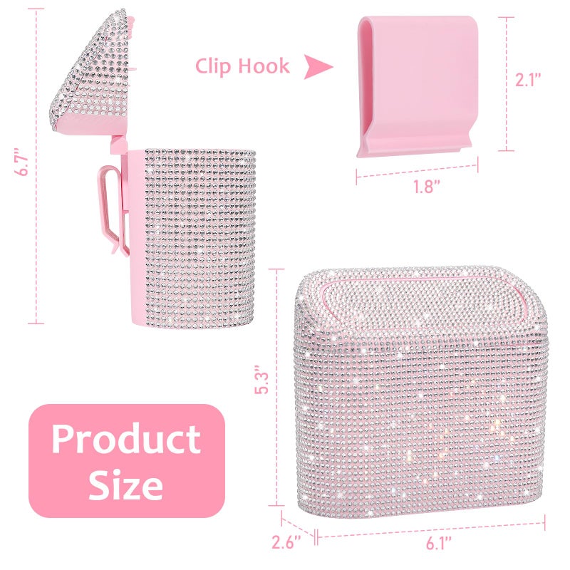 Accmor Bling Car Trash Can with Lid, Leakproof Mini Vehicle Trash Bin Automotive Dustbin Organizer Storage, Sparkling Crystal Rhinestone Trash Bag Container with 30pcs Garbage Bags Car Accessories - Image 2