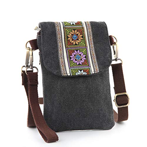 SILKAREA Vintage Embroidered Canvas Flip Small Crossbody Bag Cell Phone Pouch for Women Wristlet Wallet Bag Coin Purse (Black) - Image 1