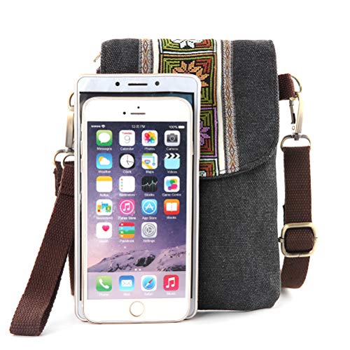 SILKAREA Vintage Embroidered Canvas Flip Small Crossbody Bag Cell Phone Pouch for Women Wristlet Wallet Bag Coin Purse (Black) - Image 3