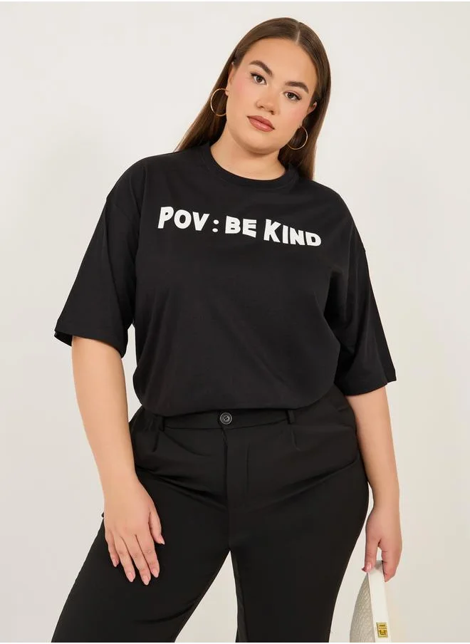 Styli Plus Size Slogan Print Round Neck Oversized T-Shirt