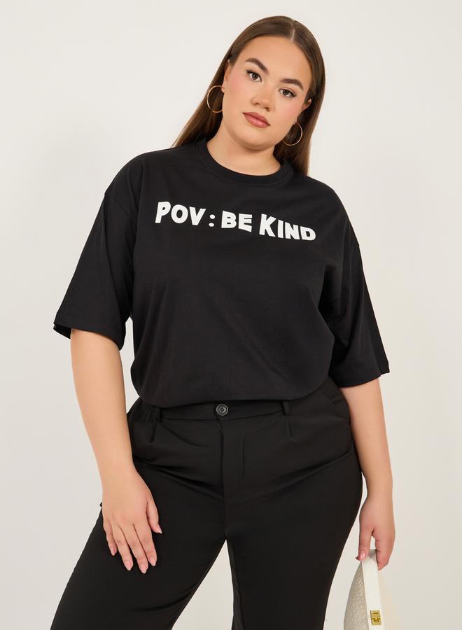 Styli Plus Size Slogan Print Round Neck Oversized T-Shirt  - Image 1
