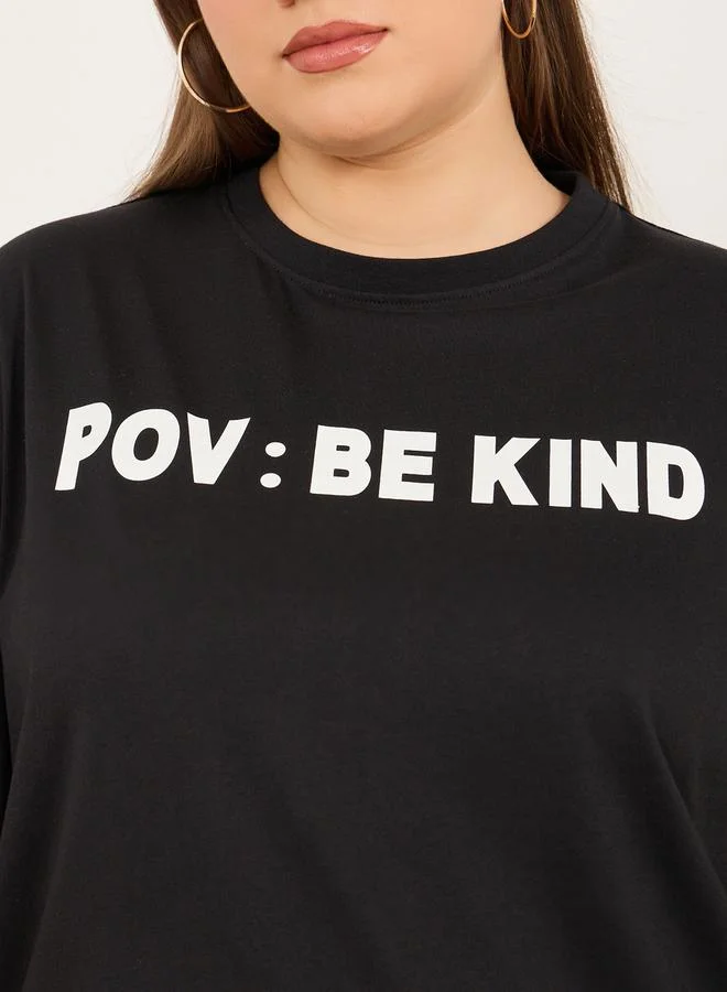 Styli Plus Size Slogan Print Round Neck Oversized T-Shirt