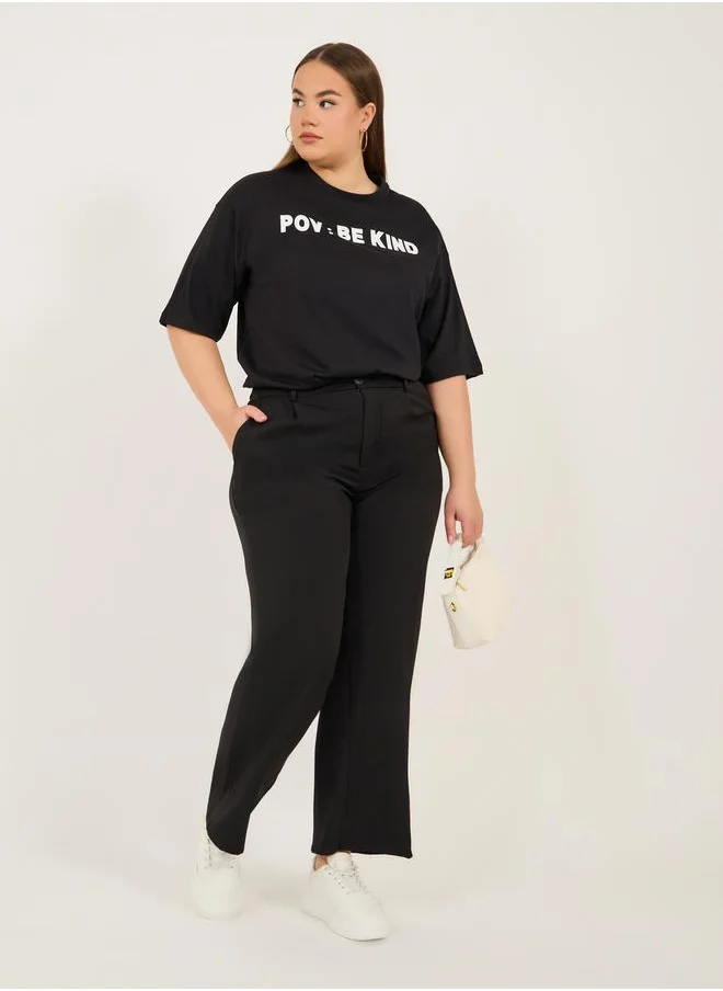 Styli Plus Size Slogan Print Round Neck Oversized T-Shirt