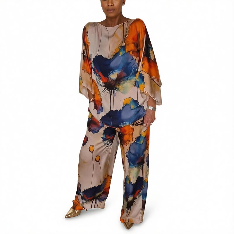 Elegant Satin One-Shoulder Loose Print Batwing Sleeve Drawstring Pants Set
