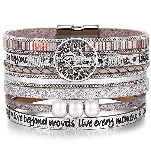 Desimtion Silver Boho Wrap Leather Bracelets for Women Buckle Multilayer Layered Jewelry Gifts Bracelet for Mom Teen Grandma - Image 1