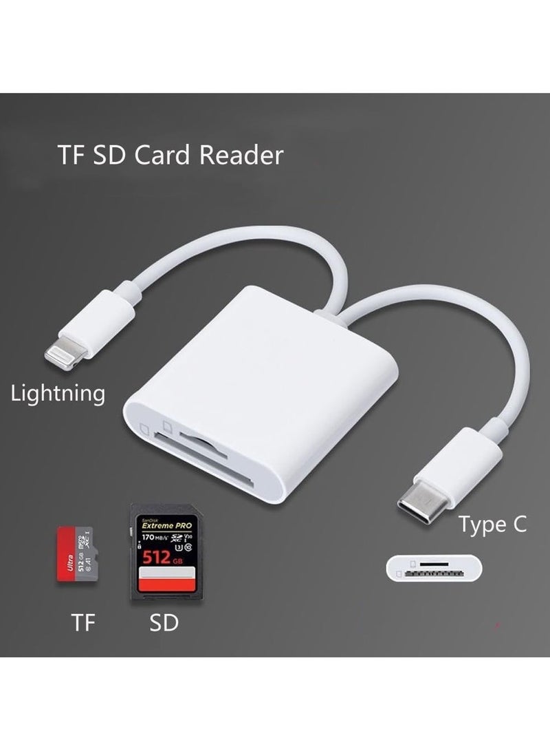 SD/TF Card Reader for iPhone iPad Camera, 2-in-1 Dual Card Slot Memory Card Reader Lightning/Type-C to Carder Adapter (SD TF for lightning Type C 2 in 1) - Image 1
