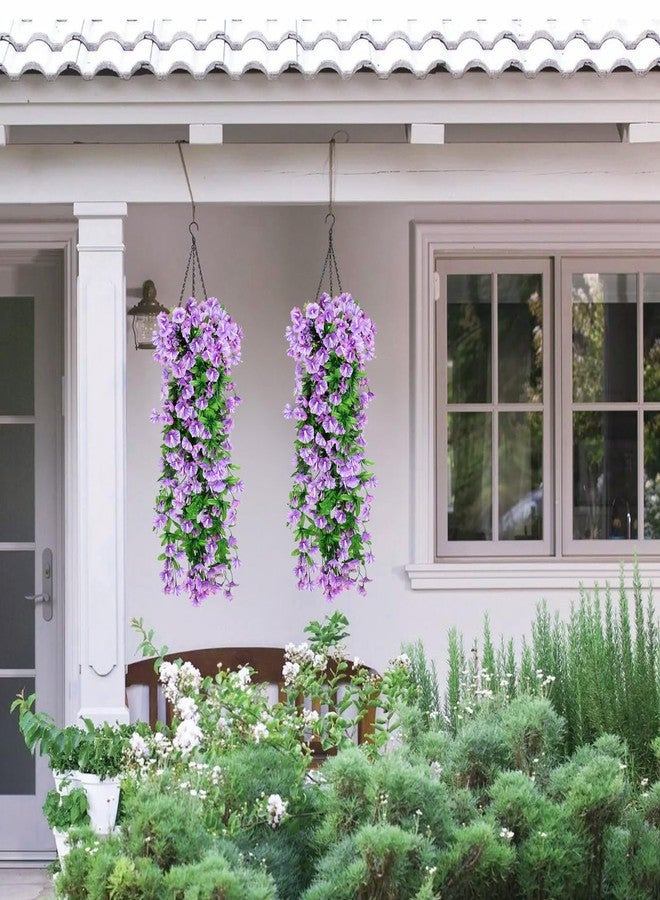 Elecxlink 2PCS Artificial Hanging Flowers, UV Resistant Fake Plastic Faux Hanging Plants Morning Glory Vines for Indoor Outdoor Garden Porch Eave Wedding Wall Décor(Purple) - Image 3
