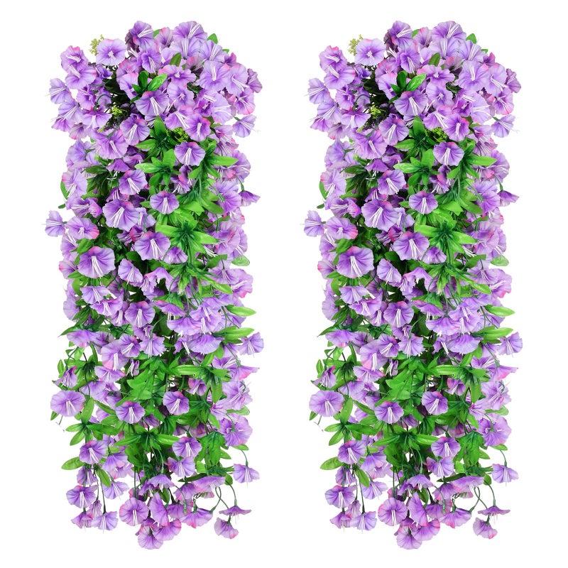 Elecxlink 2PCS Artificial Hanging Flowers, UV Resistant Fake Plastic Faux Hanging Plants Morning Glory Vines for Indoor Outdoor Garden Porch Eave Wedding Wall Décor(Purple) - Image 1