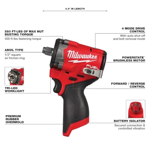 Milwaukee M12 FUEL Stubby 1/2 Inch Impact Wrench (Bare Tool) - Image 2