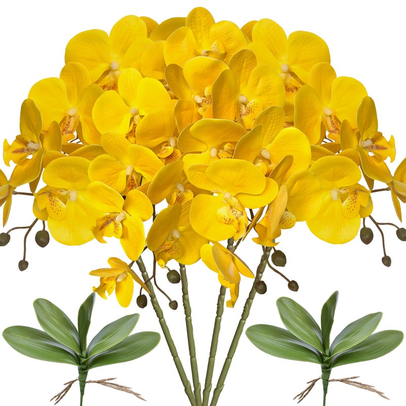 FagusHome 32 Artificial Phalaenopsis Flowers 4 Pcs with 2 Bundles Leaves Artificial Orchid Flowers Stem Plants Fake Butterfly Phalaenopsis Flowers for Home Wedding Party Dcor Yellow
