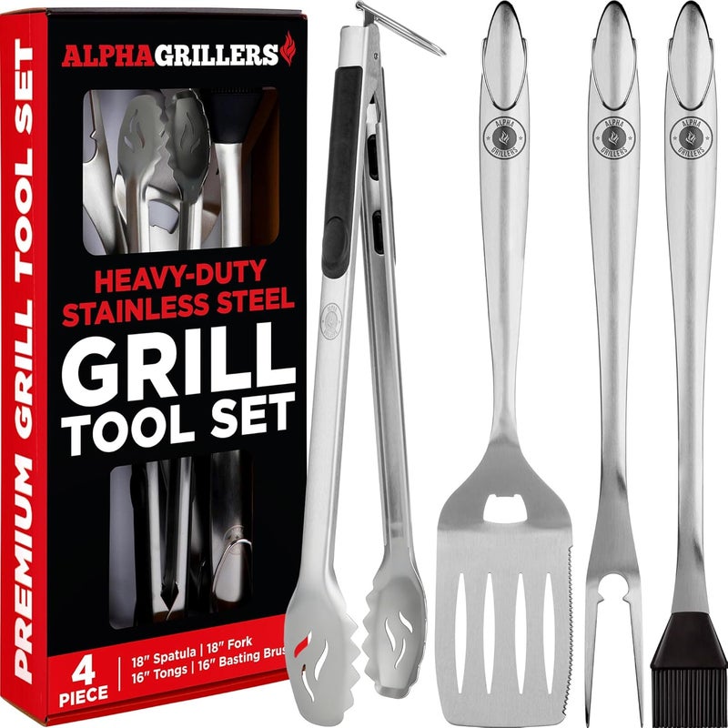 Alpha Grillers Grill Set Heavy Duty BBQ Accessories - BBQ Tool Set 4pc Grill Accessories with Spatula, Fork, Brush & BBQ Tongs - Gifts for Dad Durable, Stainless Steel Grill Tools - Image 1