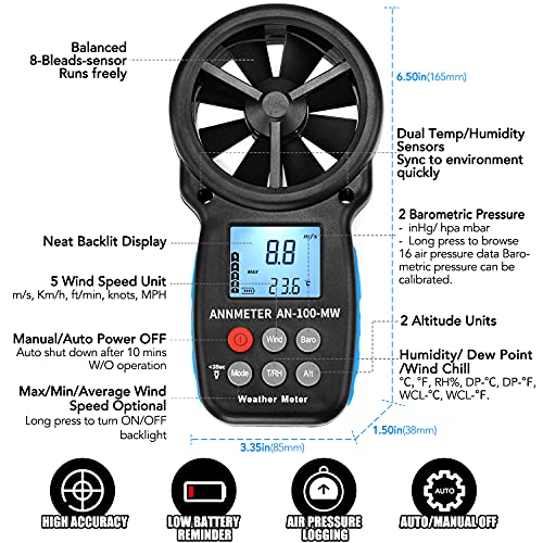 AIOMEST Handheld Anemometer AI-100WM Electronic Barometer Wind Speed Chill Temperature Meter Tester for Air Flow, Velocity, Pressure, Humidity Gauge - Image 5