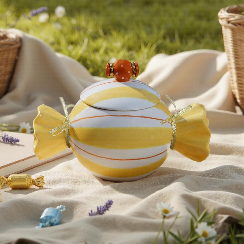 DIF DECO Cute Storage Jars with Lid, Unique Candy Shape Ceramic Food Container, Cookie Canister for Snacks, Coffee Bean, Sugar, Tea, Spices, Beans, Cereal, Nuts - 500 ml / 16.9 oz (Yellow Stripes) - Image 1