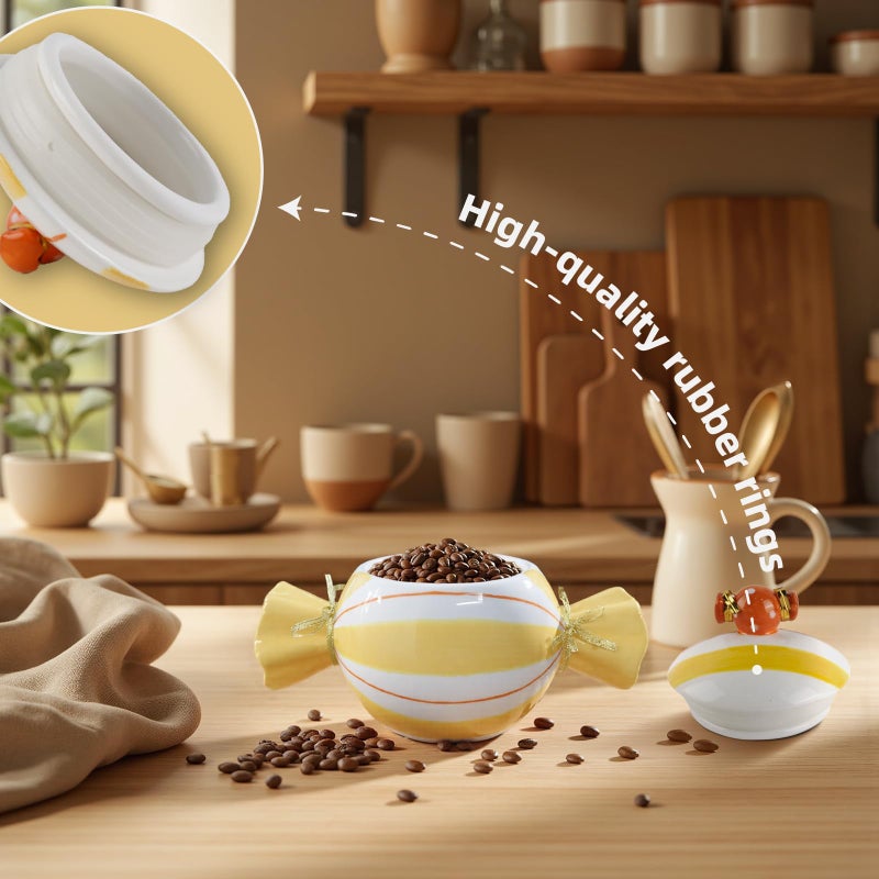 DIF DECO Cute Storage Jars with Lid, Unique Candy Shape Ceramic Food Container, Cookie Canister for Snacks, Coffee Bean, Sugar, Tea, Spices, Beans, Cereal, Nuts - 500 ml / 16.9 oz (Yellow Stripes) - Image 3