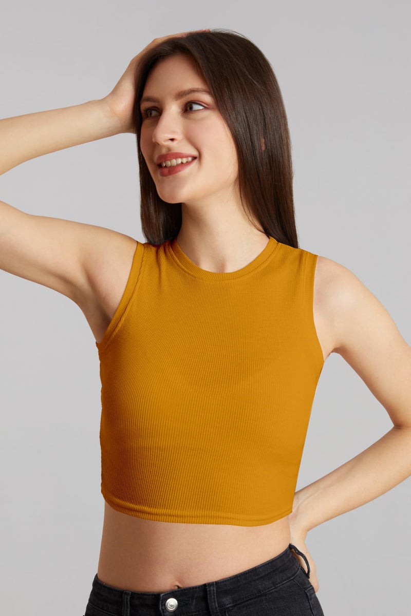Berry&Bird BERRY BIRD® Stylish Sleeveless Round Neck Ribbed Tank Tops for Women & Girls Slim Fit Collarless Beach, Gym Wear and Western Trendy Fashion Yellow - Image 3