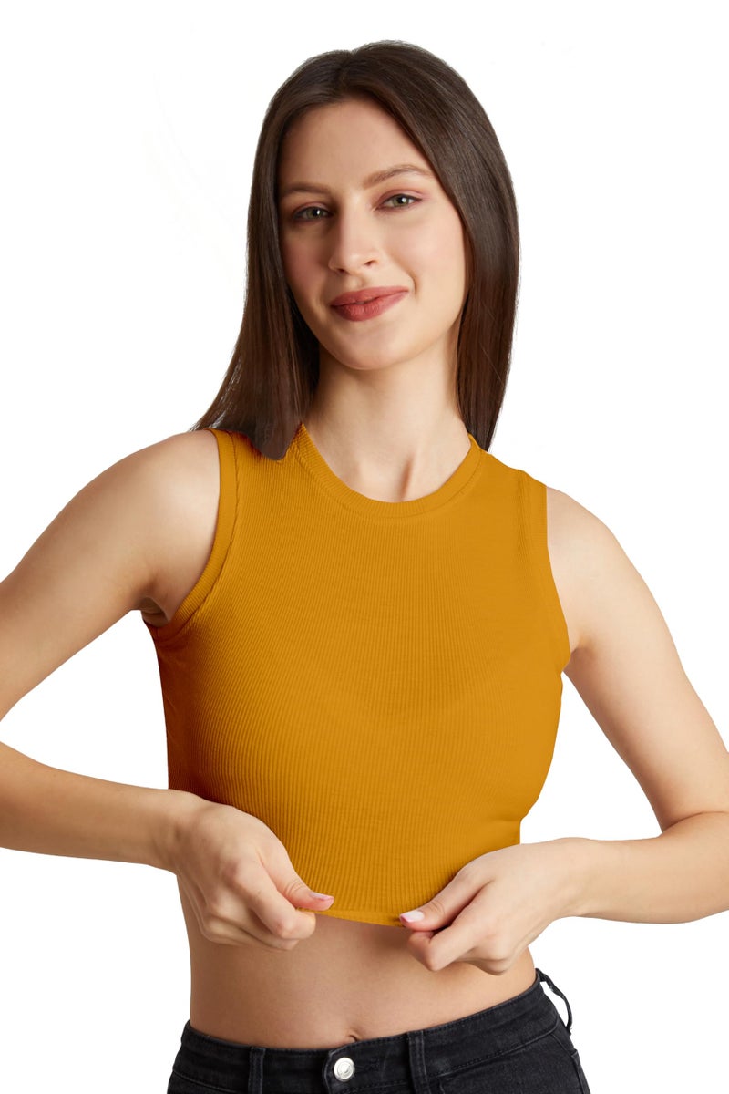 Berry&Bird BERRY BIRD® Stylish Sleeveless Round Neck Ribbed Tank Tops for Women & Girls Slim Fit Collarless Beach, Gym Wear and Western Trendy Fashion Yellow - Image 1