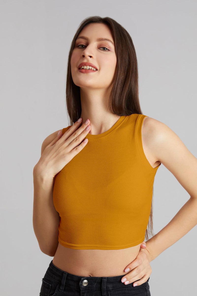 Berry&Bird BERRY BIRD® Stylish Sleeveless Round Neck Ribbed Tank Tops for Women & Girls Slim Fit Collarless Beach, Gym Wear and Western Trendy Fashion Yellow - Image 5