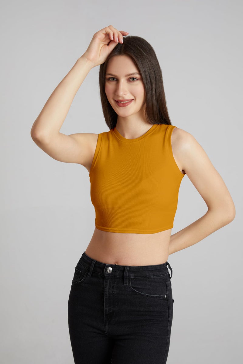 Berry&Bird BERRY BIRD® Stylish Sleeveless Round Neck Ribbed Tank Tops for Women & Girls Slim Fit Collarless Beach, Gym Wear and Western Trendy Fashion Yellow - Image 4