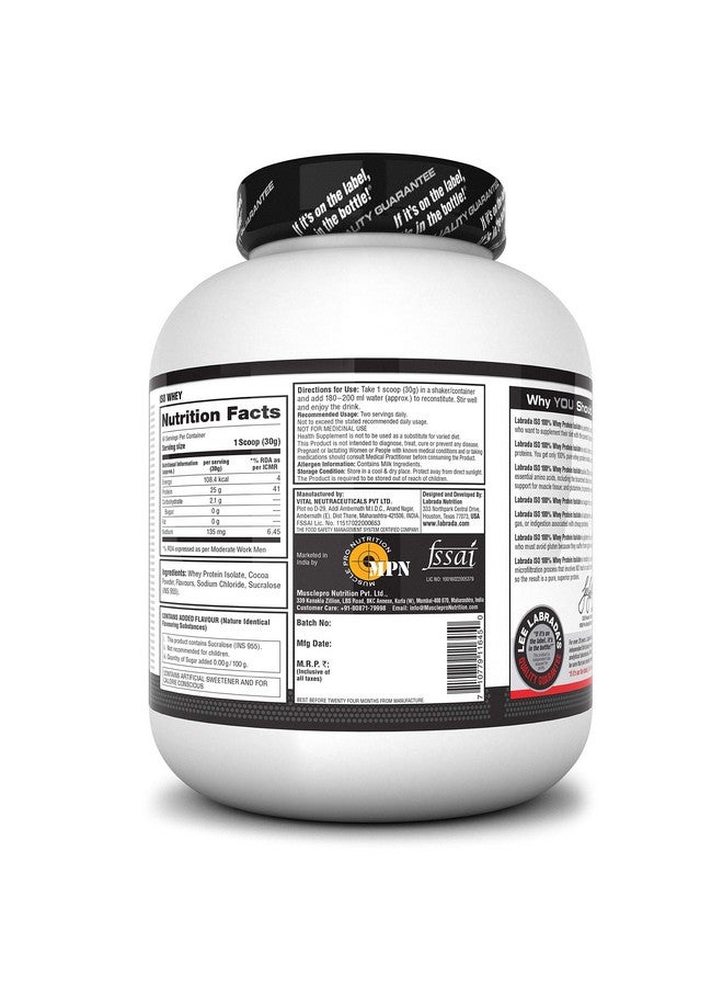 Labrada ISO WHEY 100% Whey Protein Isolate 4.4 lbs/2kg (Chocolate) (Post Workout, 25g Protein, 0g Sugar,0 Fat,Gluten Free, Lactose Free, 66 Servings) - Image 3
