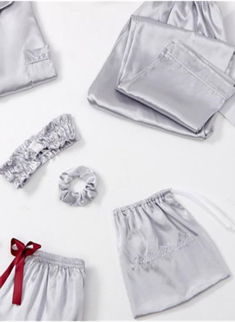 Generic - 7pcs pajamas set for women in all seasons imitation silk pajamas set - Image 1