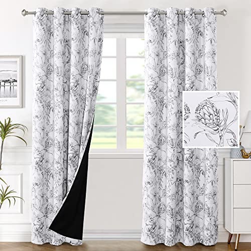 H.VERSAILTEX HVERSAILTEX 100 Blackout Curtains for Living Room Camellia Floral 84 Inches Long Light Blocking Window Treatment with Black Liner Grommet Thermal Drapes 2 Panels Grey
