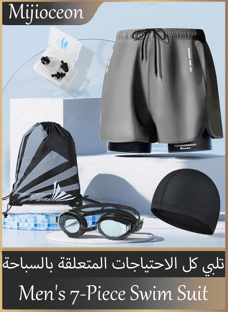 Mijioceon Men's swimming suit, swimming cap, swimming trunks, swimming goggles, nose clip, earplugs essential set  - Image 1