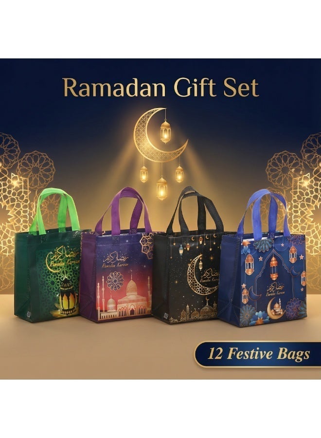 12 قطعة من أكياس هدايا رمضان، أكياس هدايا عيد مبارك قابلة لإعادة الاستخدام مع مقابض، أكياس حفلات رمضان مبارك، أكياس عيد غير منسوجة متعددة الوظائف لتغليف الهدايا، لوازم حفلات رمضان كريم مع بطاقات هدايا - Image 1