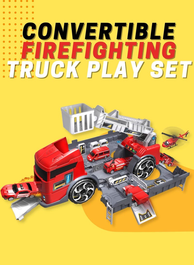 Fitto 2 In 1 Large Firefighter Truck and Fire Station and 2 Die Cast Cars - Image 2