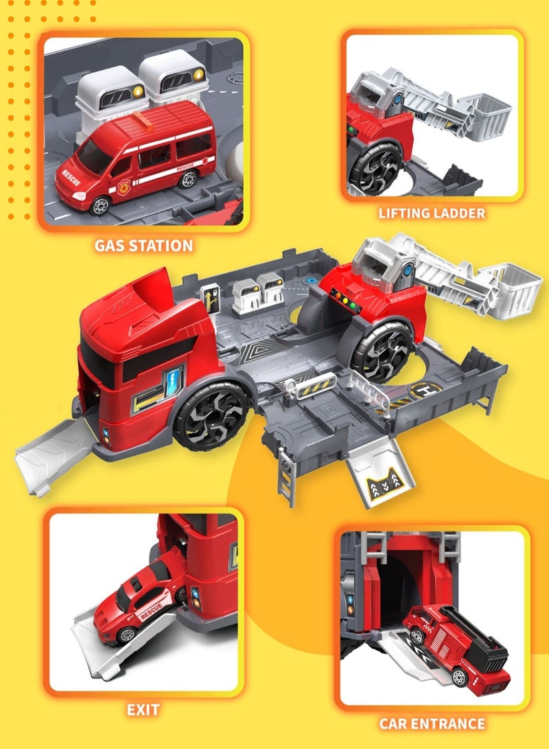 Fitto 2 In 1 Large Firefighter Truck and Fire Station and 2 Die Cast Cars - Image 3