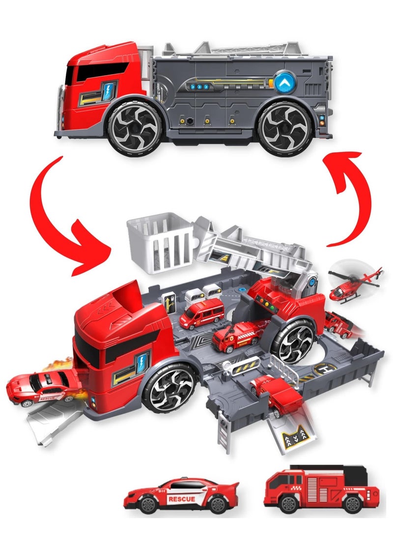 Fitto 2 In 1 Large Firefighter Truck and Fire Station and 2 Die Cast Cars - Image 1