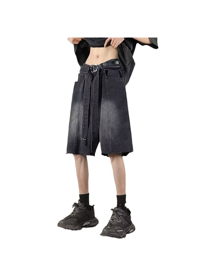 Generic - Washed Denim Shorts Mens Summer American Style Retro Street Fried Pants High Street Trendy Brand Loose Wide Leg Pants Blue - Image 1