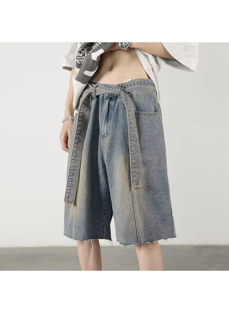 Generic - Washed Denim Shorts Mens Summer American Style Retro Street Fried Pants High Street Trendy Brand Loose Wide Leg Pants Blue - Image 1