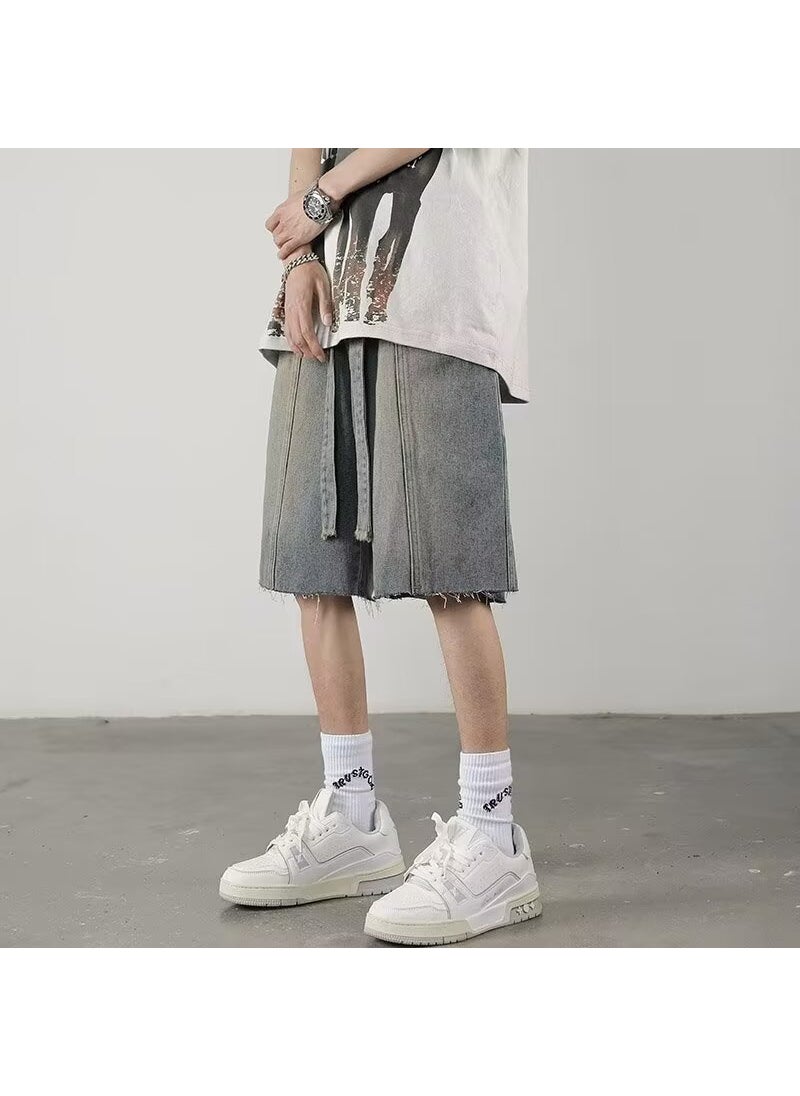Generic - Washed Denim Shorts Mens Summer American Style Retro Street Fried Pants High Street Trendy Brand Loose Wide Leg Pants Blue - Image 1