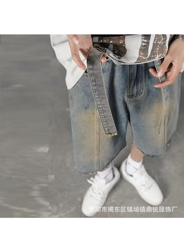 Generic - Washed Denim Shorts Mens Summer American Style Retro Street Fried Pants High Street Trendy Brand Loose Wide Leg Pants Blue - Image 1