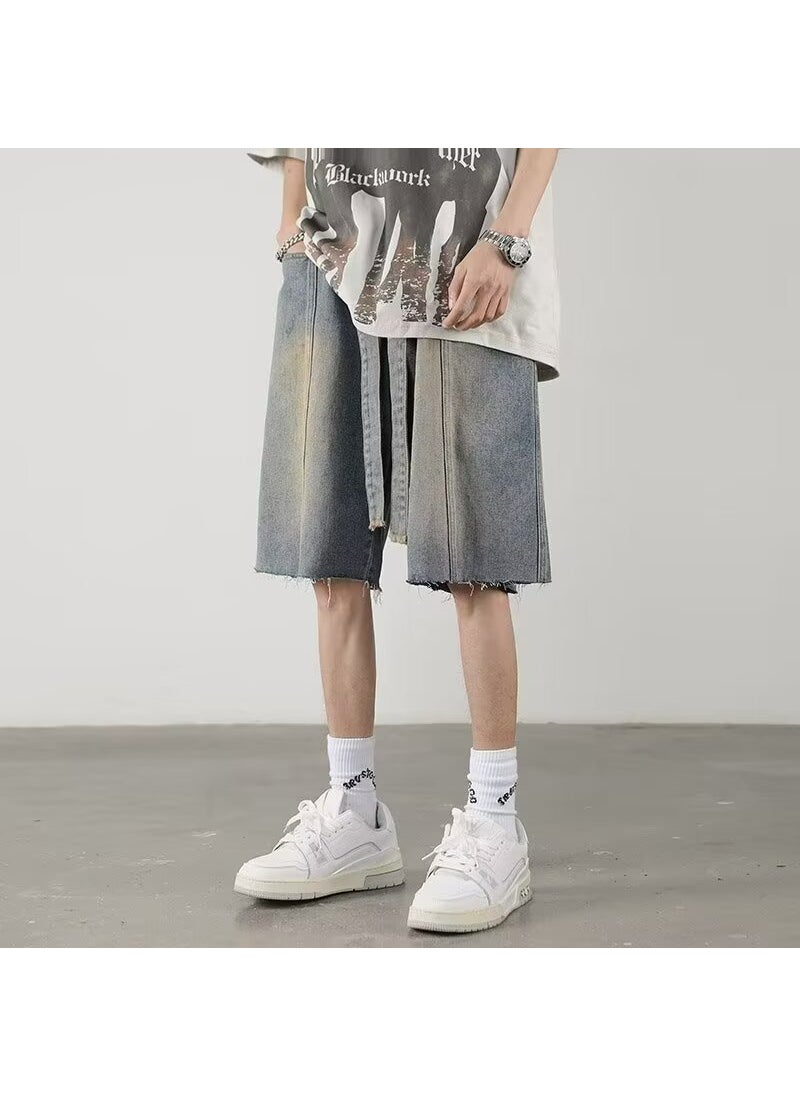 Generic - Washed Denim Shorts Mens Summer American Style Retro Street Fried Pants High Street Trendy Brand Loose Wide Leg Pants Blue - Image 1