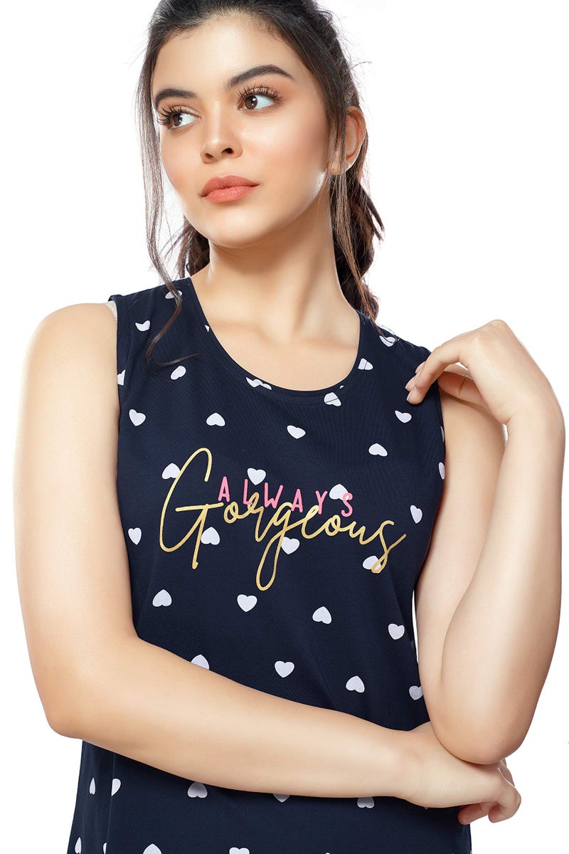 ZEYO Women's Cotton Night Dress Heart Printed Navy Blue Knee Length Night Gown 5326 - Image 2