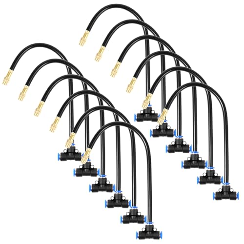 Foxtell 12 Pcs Brass Misting Nozzles Tee with 12 Inch Built in Hose for Patio Outdoor Cooling 360 Rotation Adjustable Water Mister Nozzles Thread Sprayer0043 orifice Tee Compatible with 031Misting Hose - Image 1