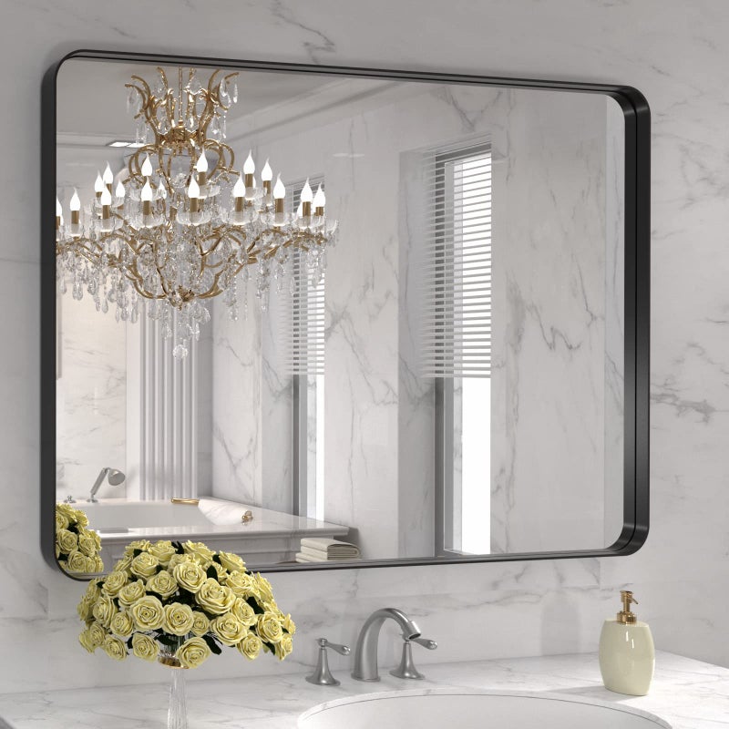LOAAO 40X32 Inch Black Metal Framed Bathroom Mirror for Wall, Matte Black Bathroom Vanity Mirror Farmhouse, Large Rounded Rectangle Mirror, Anti-Rust, Tempered Glass, Hangs Horizontally or Vertically - Image 1