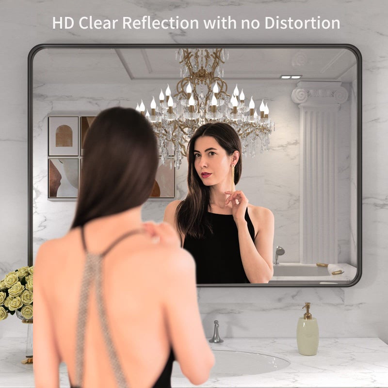 LOAAO 40X32 Inch Black Metal Framed Bathroom Mirror for Wall, Matte Black Bathroom Vanity Mirror Farmhouse, Large Rounded Rectangle Mirror, Anti-Rust, Tempered Glass, Hangs Horizontally or Vertically - Image 2