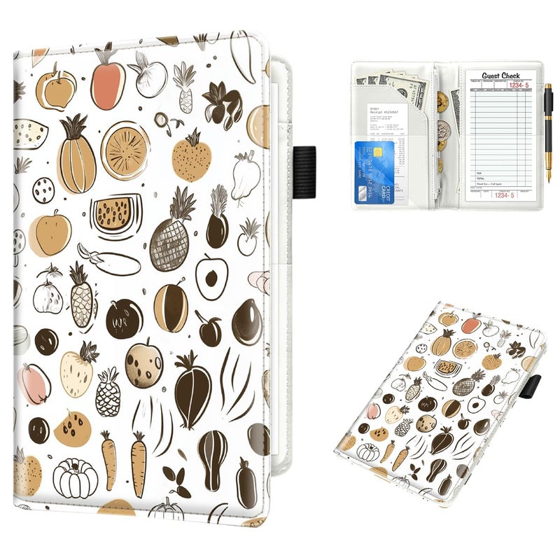 WAVEYU Cute Server Books for Waitress Waiter, Leather Guest Book Note Pad with Zipper, Money Organizer Wallet, Cash Check Bill Receipt Holder Presenter, 8x5 inch, Fruit Pattern - Image 1