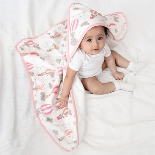 haus & kinder Terry Muslin Hooded Towel for Newborns (0–12 Months) – 80x80 cm, Pink, Serene Dreamscape Design 1 Piece - Image 1