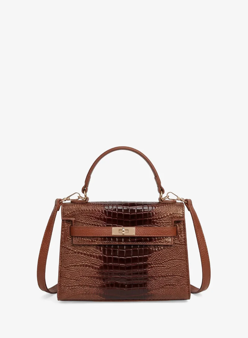 Ella Brown Croc Print Satchel With Top Handle And Strap
