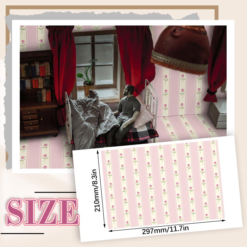 Flutesan 12 Pcs Miniature Dollhouse Wallpaper and Flooring Peel and Stick Mini DIY Self Adhesive Dollhouse Accessories 8.27 x 11.69 Inch (Pink Flower) - Image 2