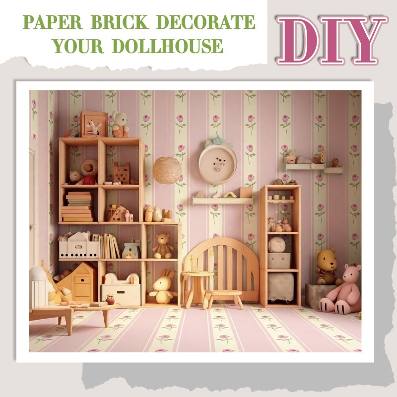 Flutesan 12 Pcs Miniature Dollhouse Wallpaper and Flooring Peel and Stick Mini DIY Self Adhesive Dollhouse Accessories 8.27 x 11.69 Inch (Pink Flower) - Image 3