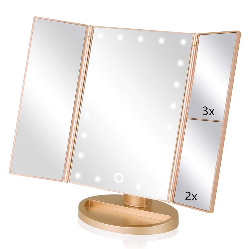 Infitrans 3 Folds Lighted Vanity Makeup Mirror1X2X3X Magnification 21 LED Light Bright Table Mirror with Touch Screen180 Adjustable RotationPortable Travel Cosmetic Mirror