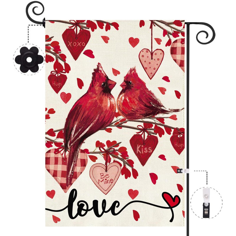 Baccessor Valentine's Day Cardinals Garden Flag 12.5x18 Inch Double Sided, Red Love Hearts Flag Anniversary Wedding Holiday Yard Lawn Outdoor Outside Decoration - Image 1