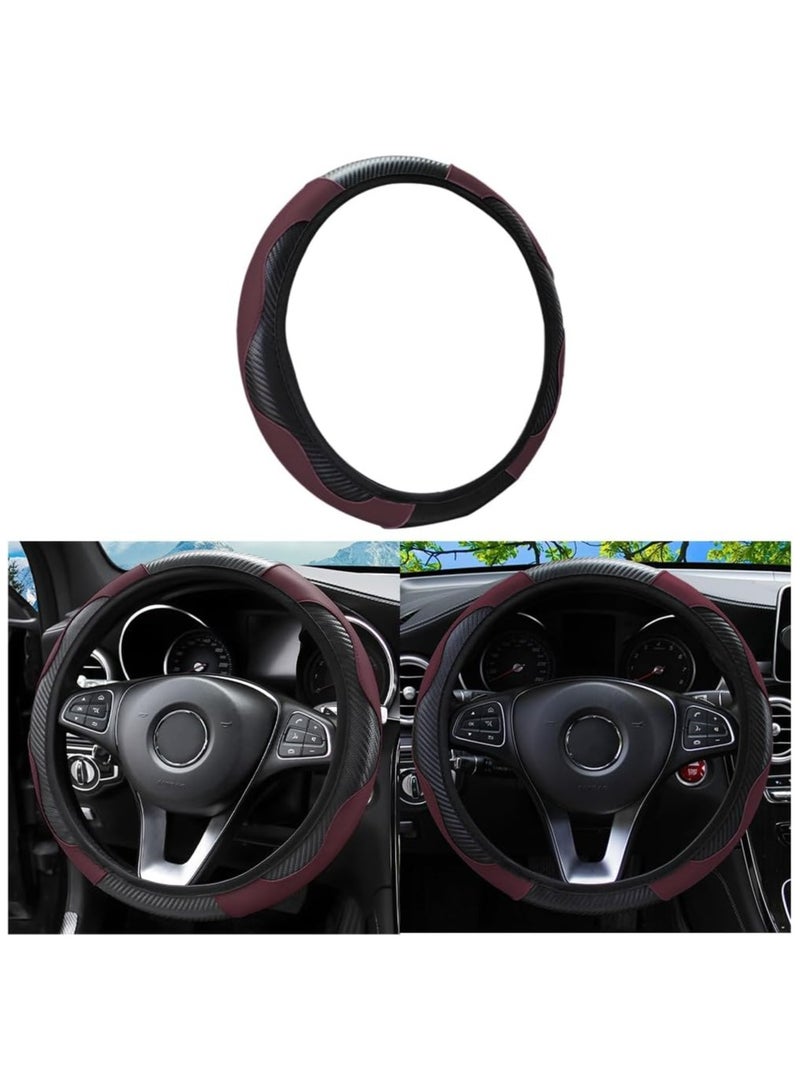 Car Steering Wheel Cover, Microfiber PU Leather Elastic Carbon Fiber Auto Steering Wheel Protector, 15 Inch Breathable Anti-Slip for Women Men, Car Interior Accessories for Most Cars (Black/Wine Red) - Image 1